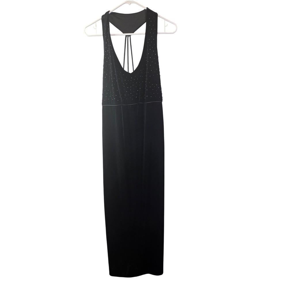Onyx Nite Maxi Dress Womens 14 Black Velvet Beaded Open Back 90s Goth Grunge‎